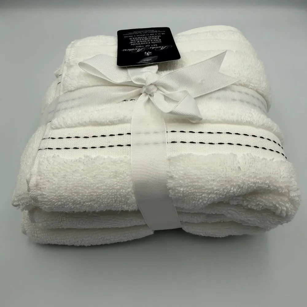 Brooks Brothers 100% Cotton Hand Towel Set 2 White Black Stitch 16x28